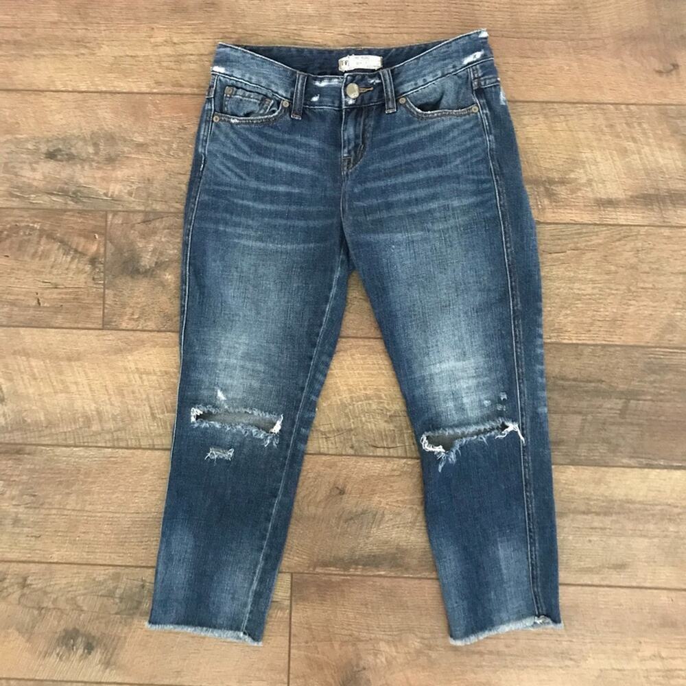 Free People Cropped Raw Hem Busted Knee Jeans